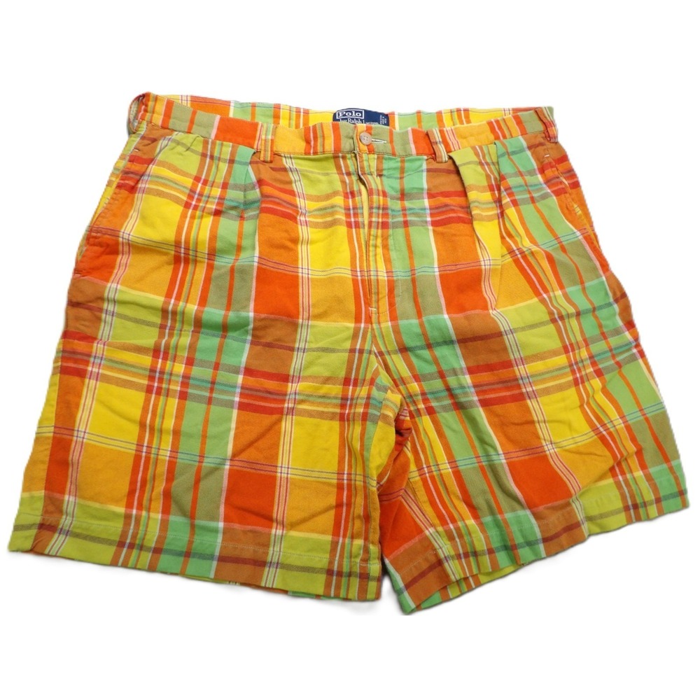 VTG 90s Polo by Ralph Lauren Tyler Plaid Shorts Men 38 Orange Yellow Cotton Prep
